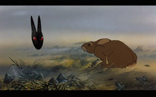 From Martin Rosen's animated movie Watership Down (1978): the Black Rabbit, aka the grim reaper of the bunny world, visits a rabbit whose time has come.